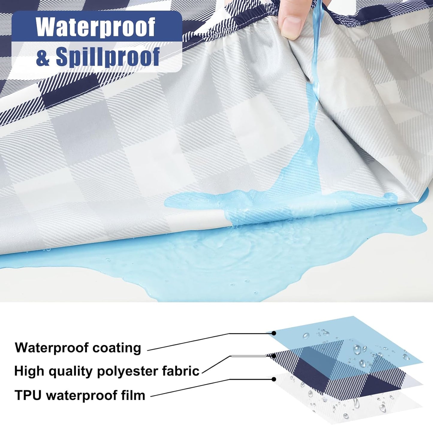 Picnic Table Cloth 2 Pack, Waterproof Elastic Fitted Tablecloths for 6FT Rectangle Tables, Washable Polyester Buffalo Plaid Tablecloth for Camping, Dining & Outdoor (Navy & White, 30" X 72")