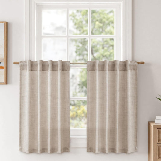 Linen Textured Small Kitchen Window Curtains over Sink, Semi Sheer Farmhouse Cafe Curtain 36 Inch Long Short Back Tab Half Window Curtains for Bathroom Basement 2 Panels