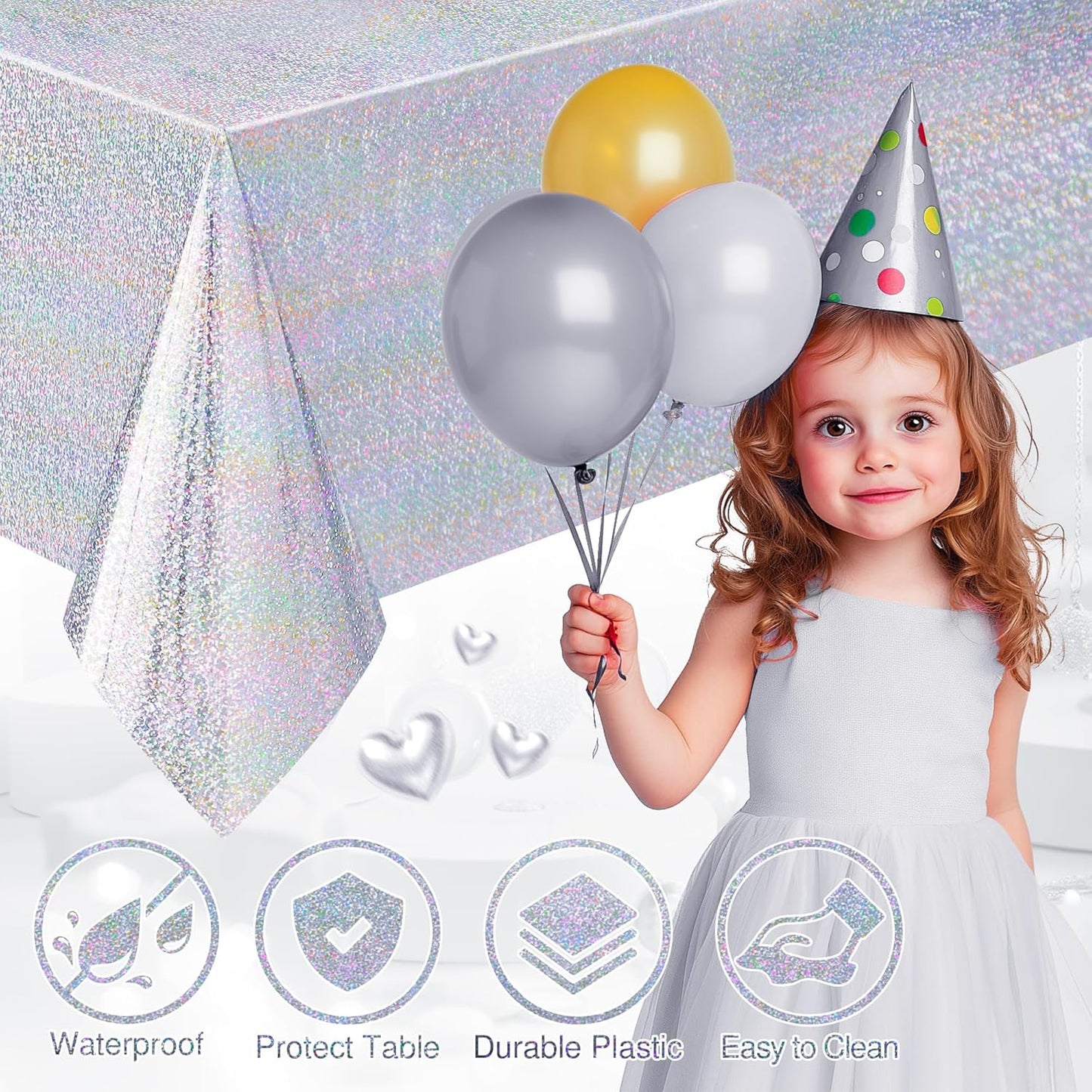 Set of 2 Silver Holographic Foil Tablecloths - 54x72 Durable Table Covers for Elegant Celebrations, Perfect for Parties, Weddings, and Showers