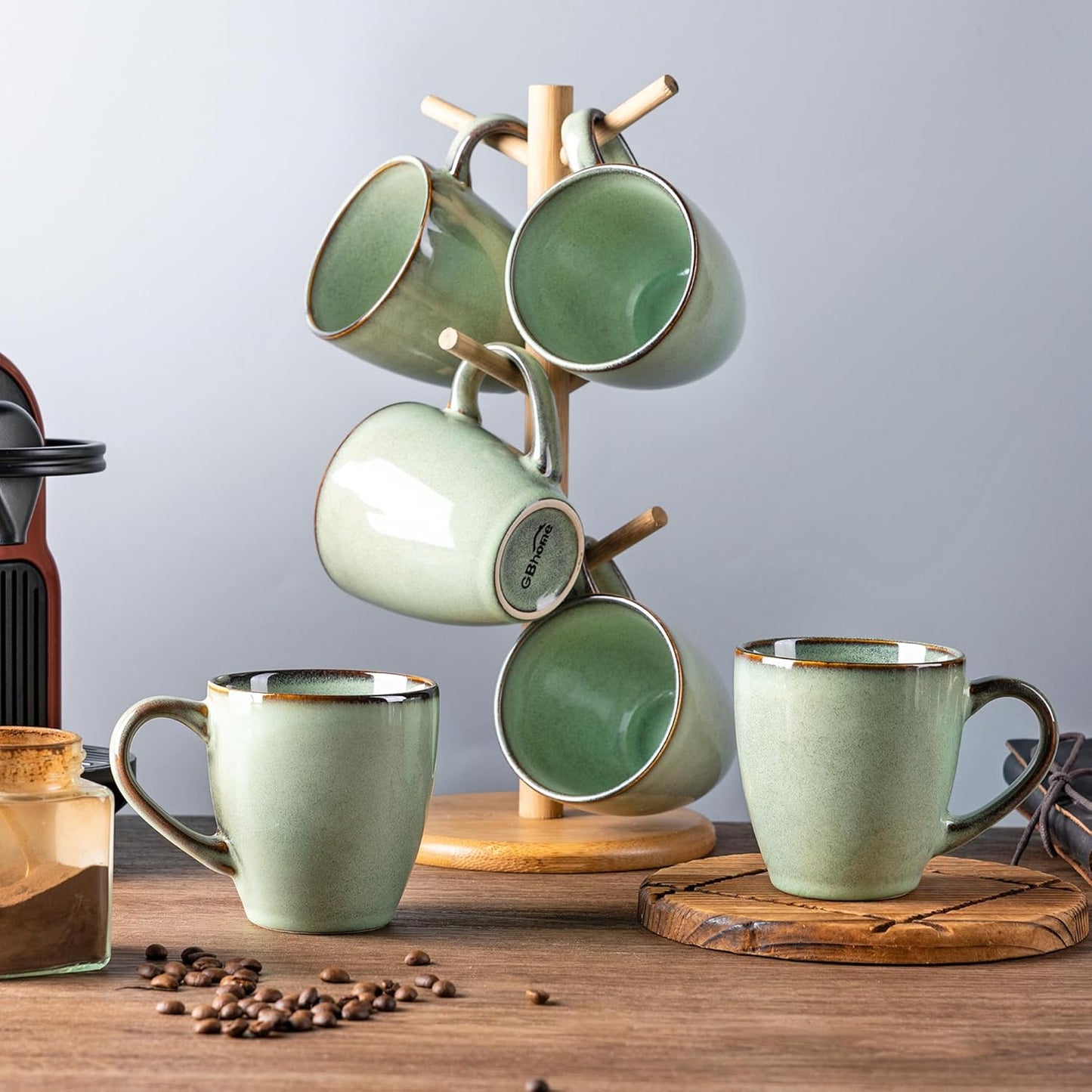 Set of 6 Pastel Green Ceramic Coffee Mugs, 12oz Stoneware Cups for Hot Beverages, Dishwasher and Microwave Safe