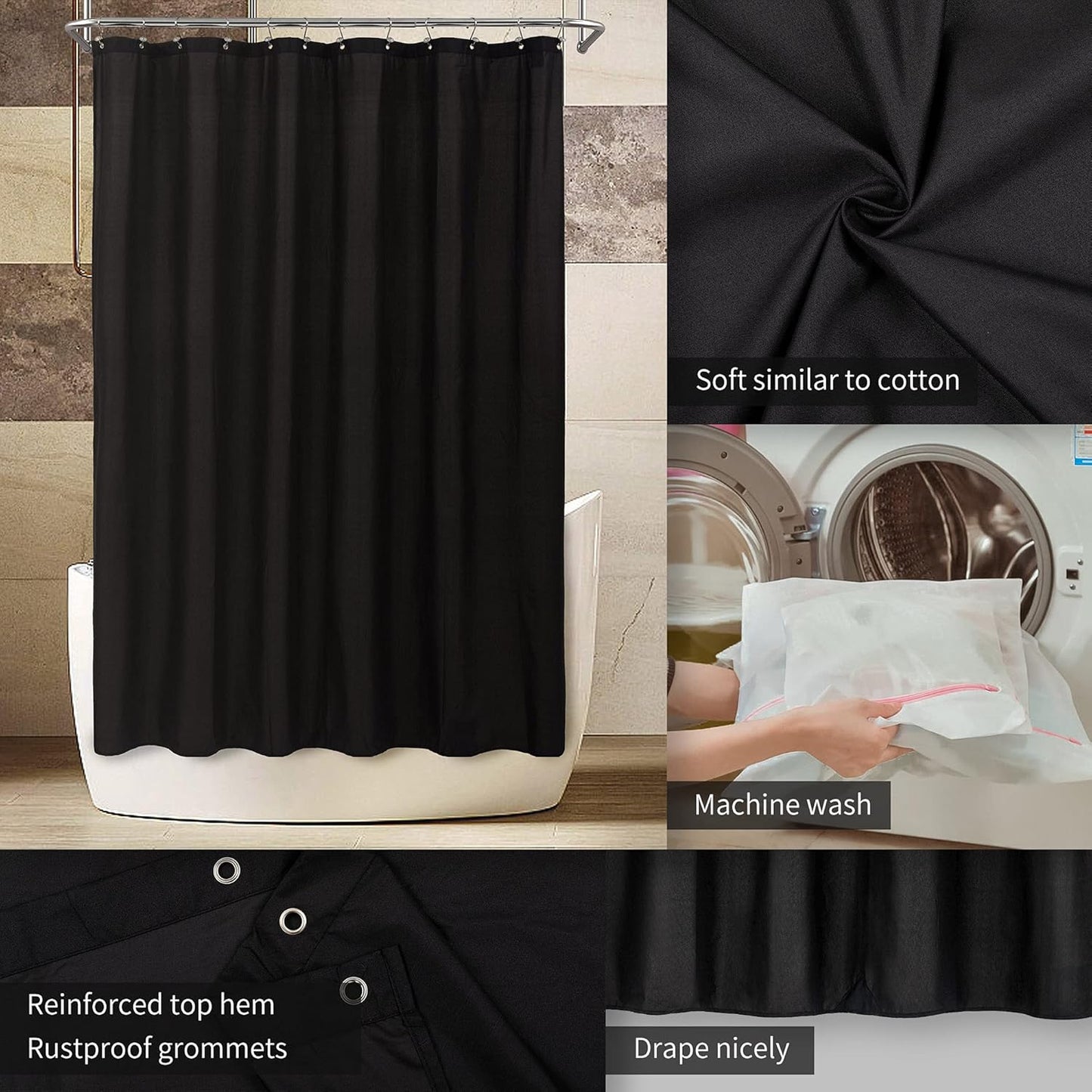Waterproof Fabric Shower Curtain Soft Hotel Quality - 3 Magnets at Bottom, Premium Black Shower Curtain Liner for Bathroom, Light-Weight Cloth & Washable - 72X72, Black