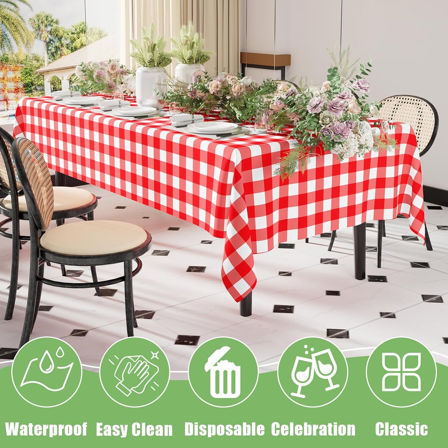 3 Packs Gingham Disposable Table Cloth, 54 X 108 Inch Waterproof Plastic Tablecloth, Rectangle Red and White Checkered Table Covers for Picnic, Birthday, Party