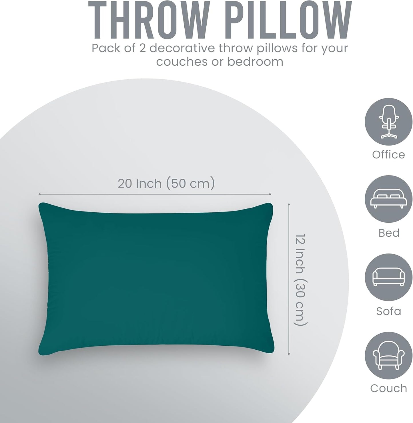 Throw Pillows (Pack of 2, Dark Teal), 12 X 20 Inches Indoor Decorative Pillow Insert for Sofa, Bed and Couch