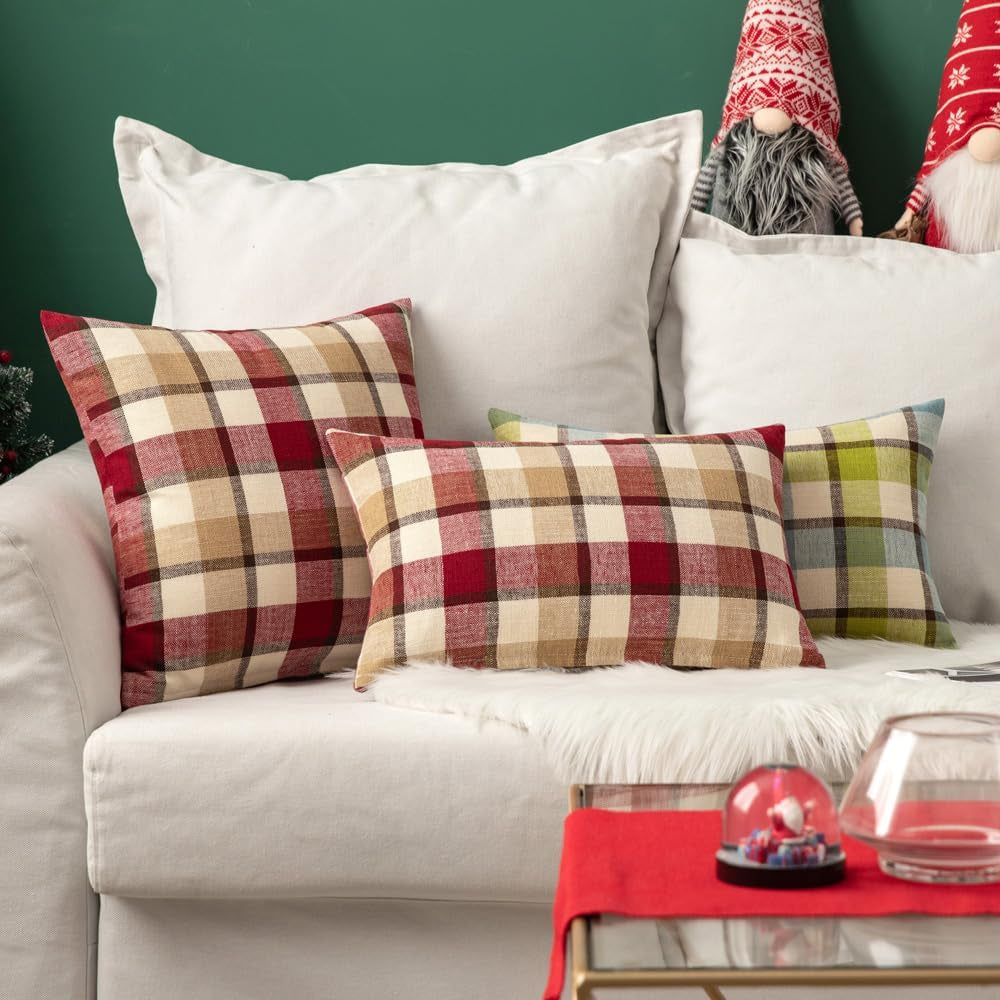 Pack of 2 Christmas Decorative Pillow Covers Check Buffalo Plaids Pillowcase Tartan Linen Rustic Farmhouse Square for Bench Sofa Couch Car Bedroom Red and Tan 18X18 Inch
