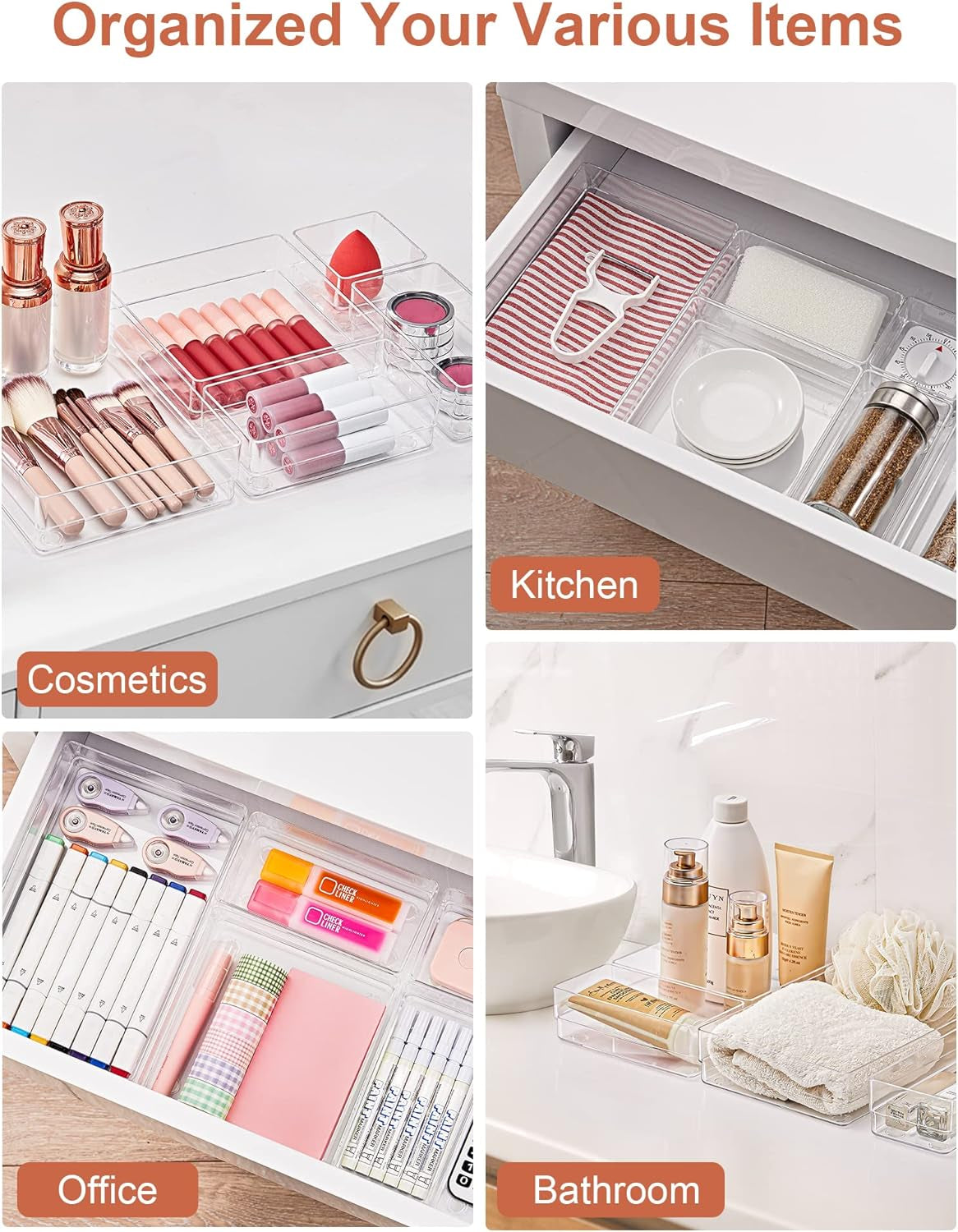 16-Piece Drawer Organizer with Non-Slip Silicone Pads, 5-Size Desk Storage Tray for Makeup, Jewelries, Utensils in Bedroom Dresser, Office and Kitchen, Clear