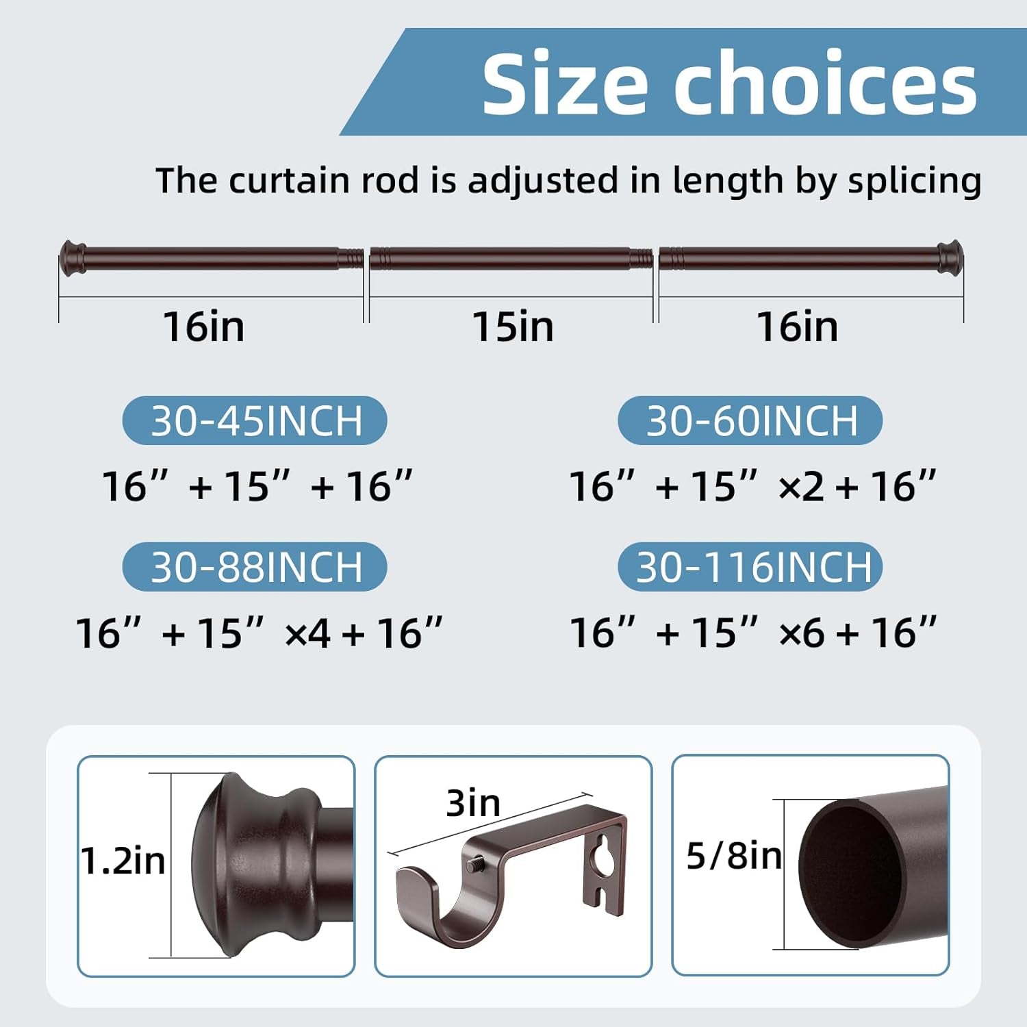 Bronze Curtain Rods for Windows 30 to 45 Inches with Brackets,Decorative 5/8 Inch Diameter Single Window Curtain Rod Set for Bedroom, Room Divider, Living Room, Kitchen, Bathroom