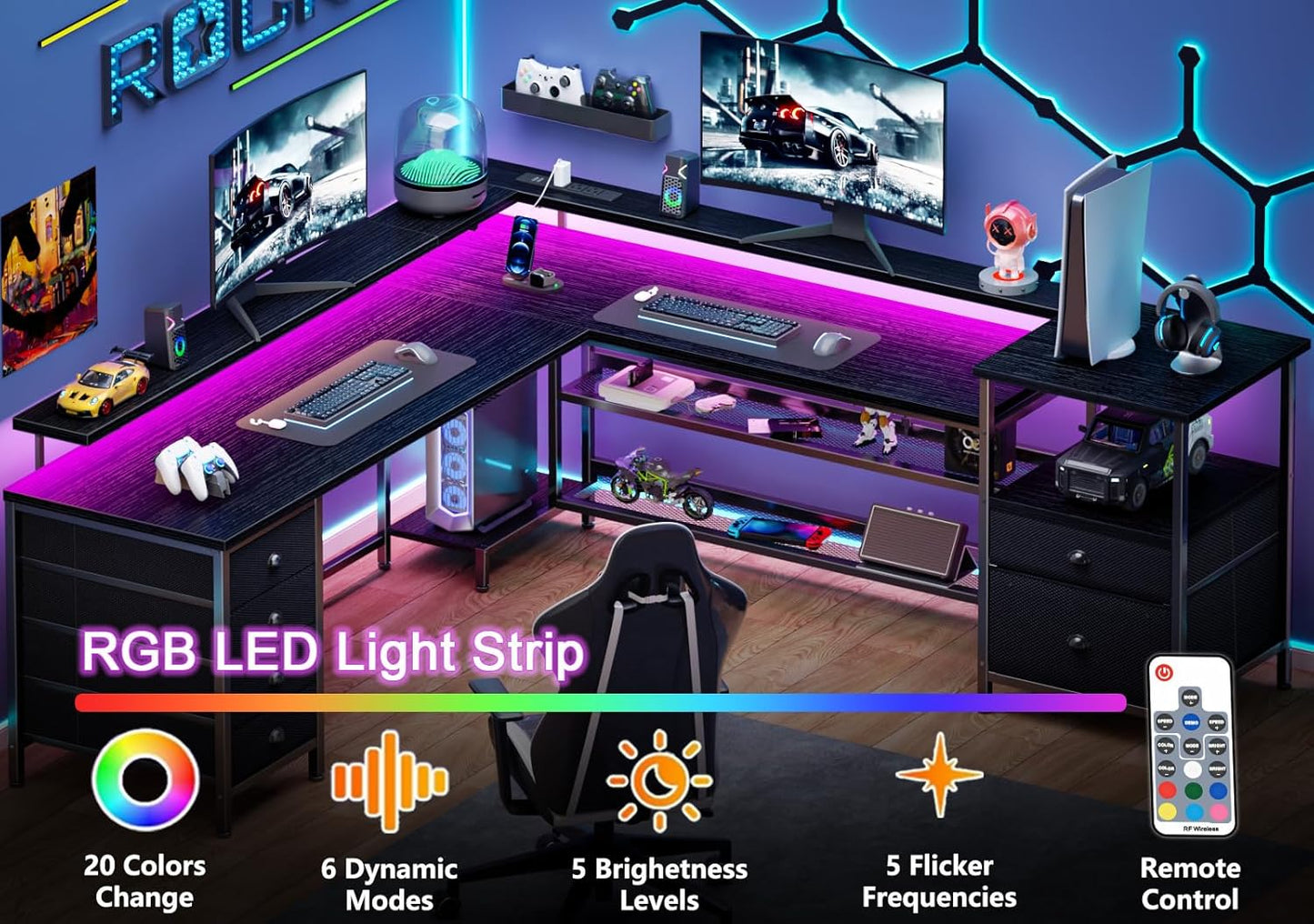 66" L Shaped Gaming Desk with 6 Drawers & Printer Storage Shelves, Reversible Computer Corner Desk with Power Outlets & LED Lights, Home Office Table with Monitor Stand, Black