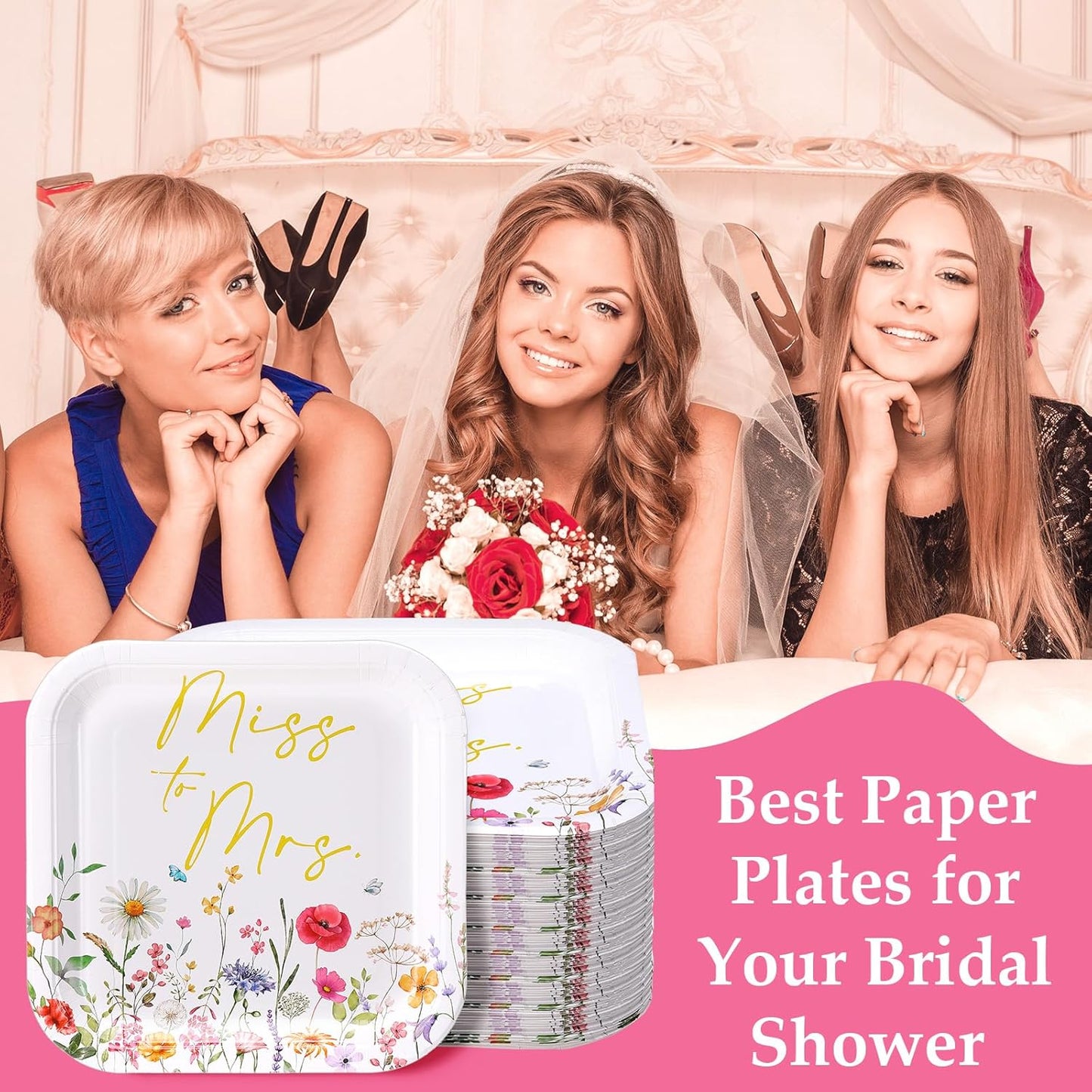 100-Count Floral Disposable Paper Plate Set - 9-Inch Dinner Plates and 7-Inch Square Dessert Plates for Weddings, Birthdays, and Baby Showers (Pink and Gold, Miss to Mrs Theme)
