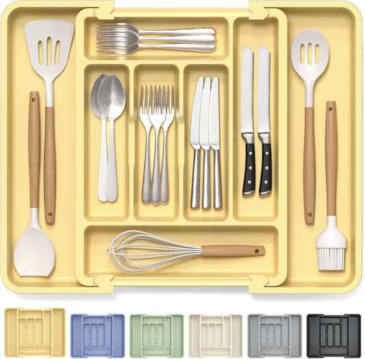 Expandable Large Silverware Organizer for Kitchen Drawers - BPA-Free Thick Plastic with Wider Compartments and Non-Skid Feet (Desert Sand)