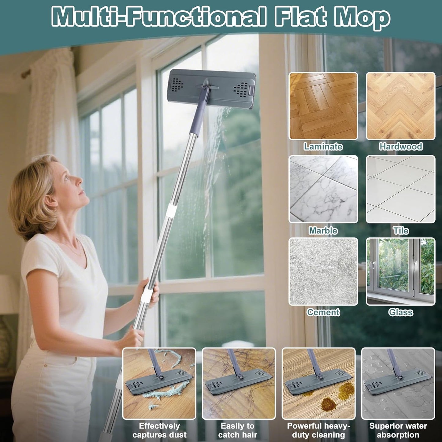 Flat Mop with 3 Pads, Microfiber Mops for Floor Cleaning Adjustable Handle 29-49, Dust Mop for Hardwood Floors, Wet Dry Use on Laminate Wood Tile Vinyl Wall Mopping Bathroom Kitchen Household Supplies