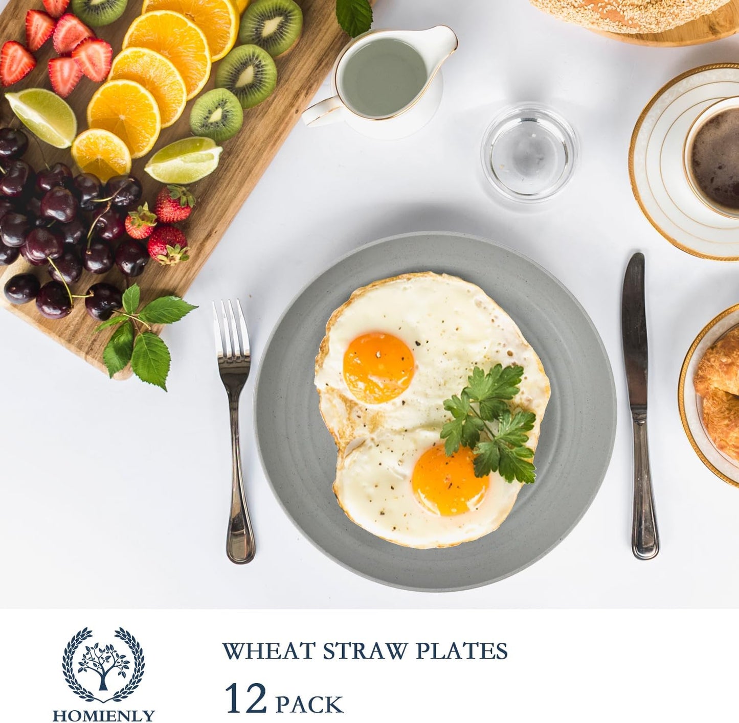 Deep Dinnerware Set of 12 - Eco-Friendly Wheat Straw Plates, Microwave and Dishwasher Safe, Unbreakable Design for Children (Grey, 10 Inches)