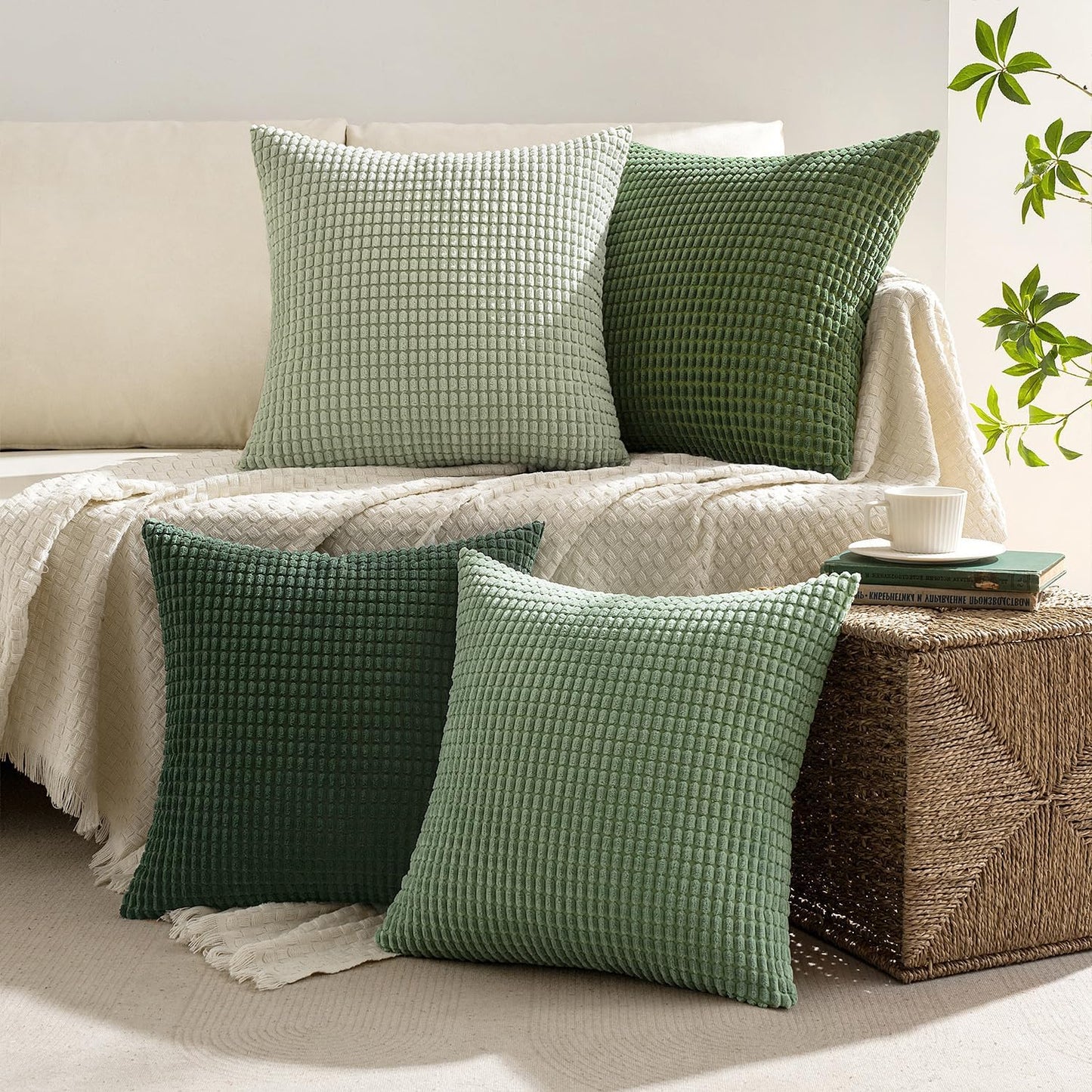 Sage Green Corduroy Pillow Covers 18x18 Inch Set of 4 - Boho Farmhouse Modern Nordic Decor for Couch, Bed, and Living Room