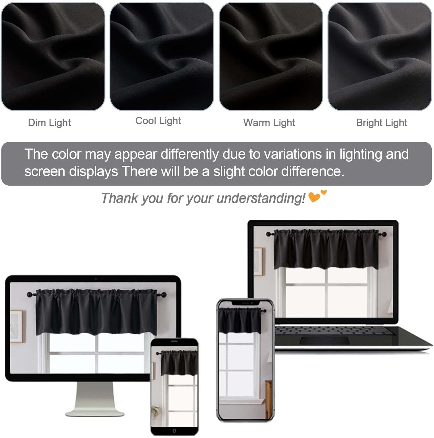 Black Valances for Window, Room Darkening Short Curtains for Kitchen Bedroom Living Room, Rod Pocket Top Small Window Treatment Valance RV Bunk Panels, 40" Wx14 L, 2 Pieces