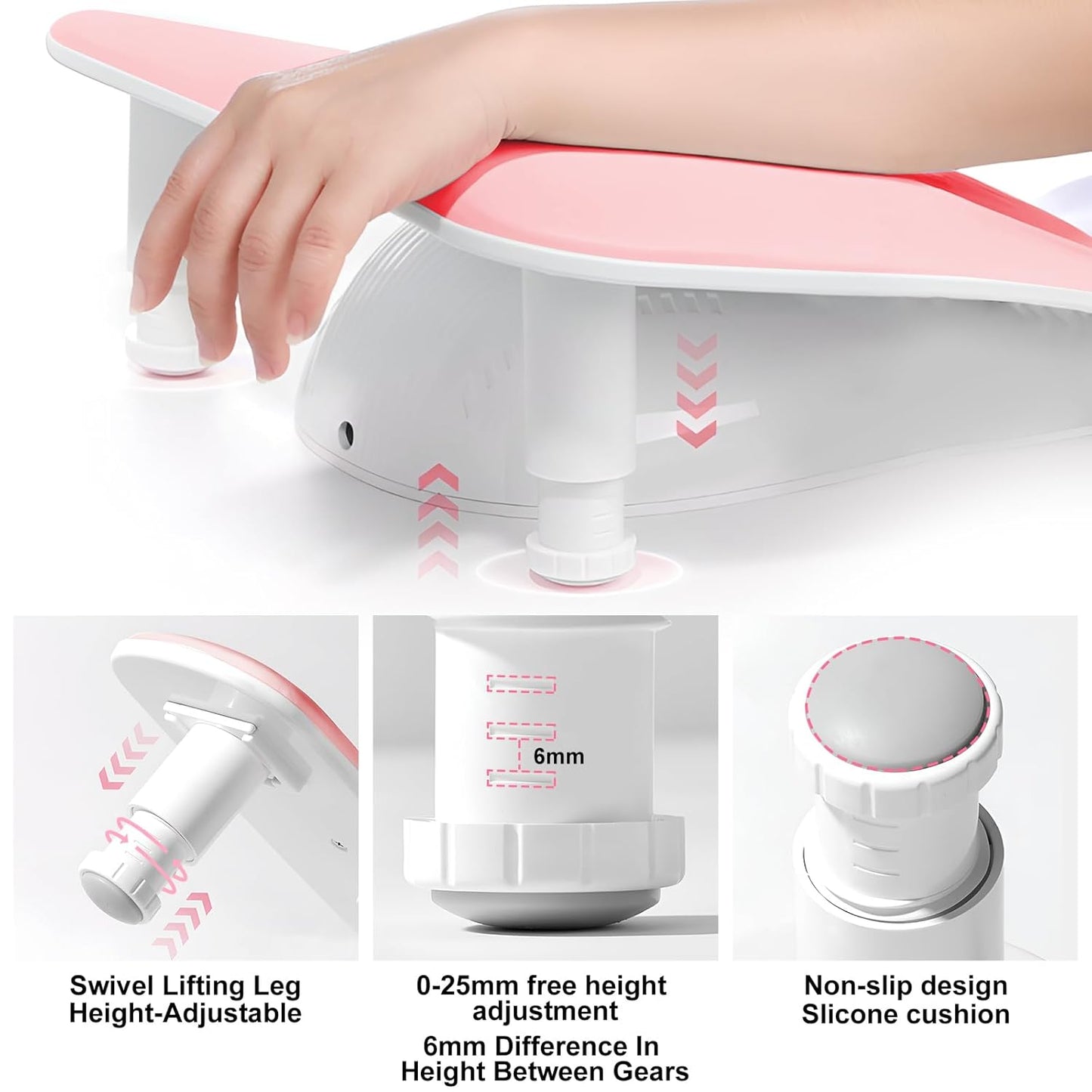 Nail Arm Rest, U-Shaped Adjustable Height Nail Hand Rest for Manicure, Microfiber PU Leather Hand Rest Pillow for Acrylic Nail, Soft Hand Rest/Nail Hand Pillow for Manicure Salon Use-Pink