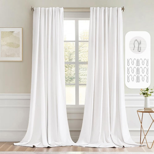 Pure White Back Tab Blackout Curtain Set, 96-Inch Length, 2 Panels for Bedroom, Rod Pocket/Pinch Pleat, Thermal Insulated Light Blocking Drapes for Living Room