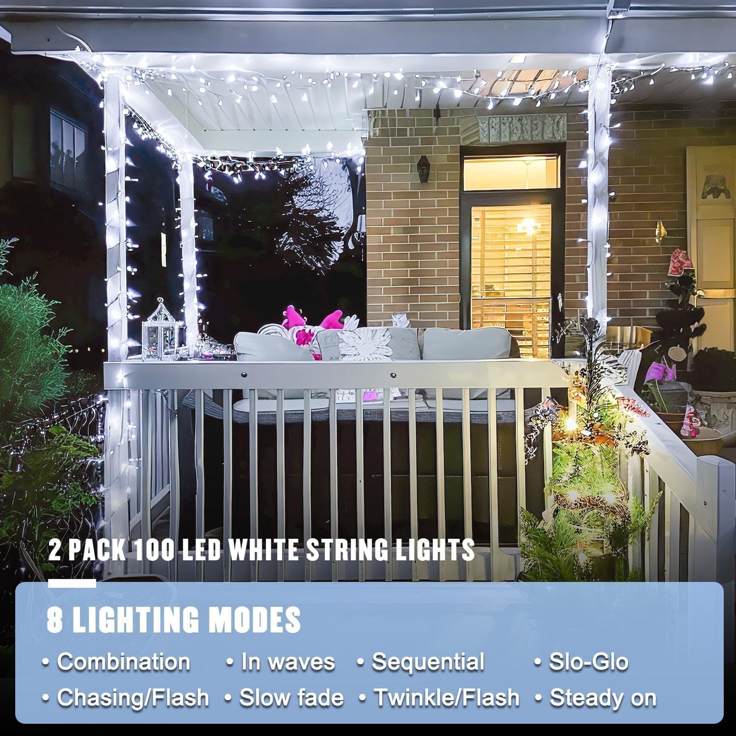 2 Pack 100 LED White Christmas Lights Indoor, 33Ft 8 Modes White String Lights Indoor Outdoor Connectable, Clear Wire Christmas String Lights for Bedroom Tree Xmas House Party Decorations
