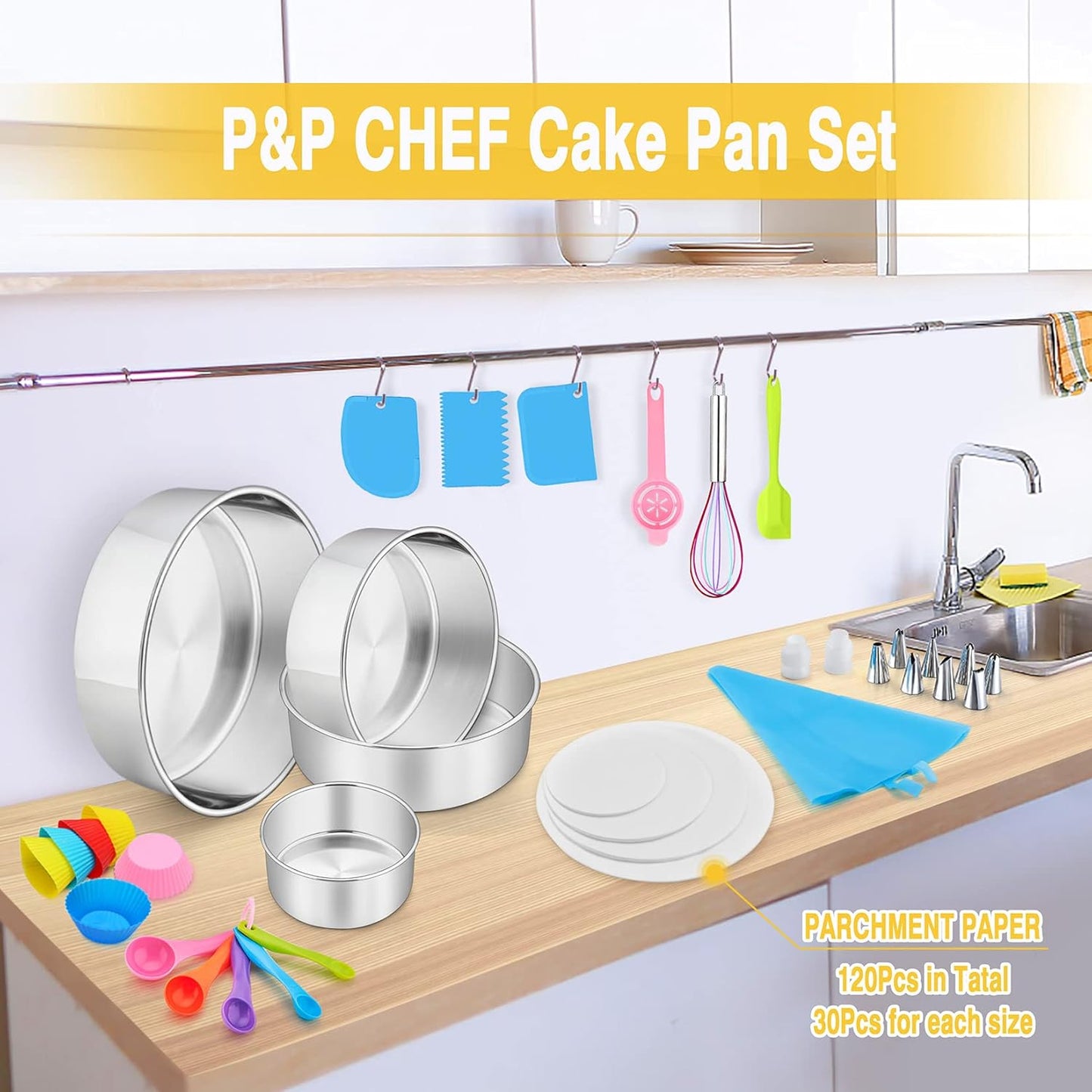 153Pcs Cake Baking Pan Set Decorating Supplies Kit, Stainless Steel 4/6/8/9.5 Inch Cake Pans with Icing Tips Tools, Parchment Papers, Whisk, Egg Separator, Muffin Cups, Measuring Spoon