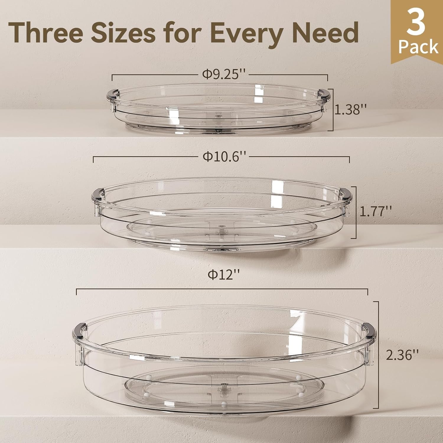3 Pack Lazy Susan Organizer Turntable for Cabinet, Rotating Condiment Organizer for Kitchen Pantry Organizers and Storage, Table Top, Fridge, Countertop, Spice Organization, 9.25'' 10.6'' 12''