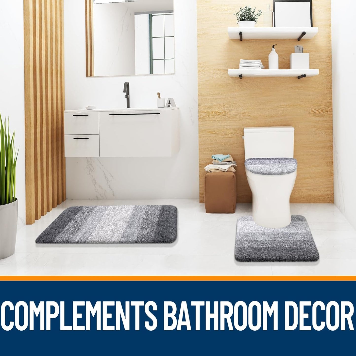 Bathroom Rugs Sets 3 Piece, Soft Microfiber Absorbent Bath Mat, U-Shaped Contour Toilet Mat and Toilet Lid Cover, Quick Dry, Machine Washable, Toilet Cover and Rug Set for Bathroom, Grey