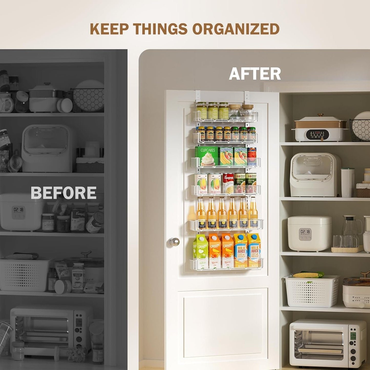 Adjustable over the Door Pantry Organizer with Clear Acrylic Panel, 6-Tier Pantry Organization and Storage for Kitchen, Hanging Spice Rack Seasoning Shelves for Cabinet, Easy Install, White