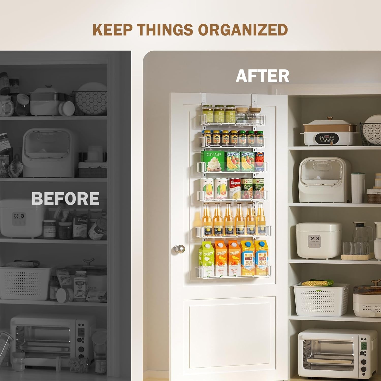 Adjustable over the Door Pantry Organizer with Clear Acrylic Panel, 6-Tier Pantry Organization and Storage for Kitchen, Hanging Spice Rack Seasoning Shelves for Cabinet, Easy Install, White