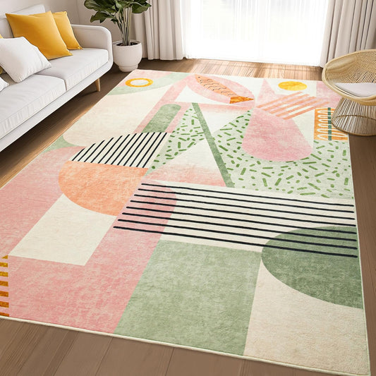 Pink Area Rug for Living Room, 5X7 Indoor Carpet for Bedroom Washable, Non-Slip Abstract Print Kids Rug for Nursery Playroom Classroom Dorm Office Dining Room