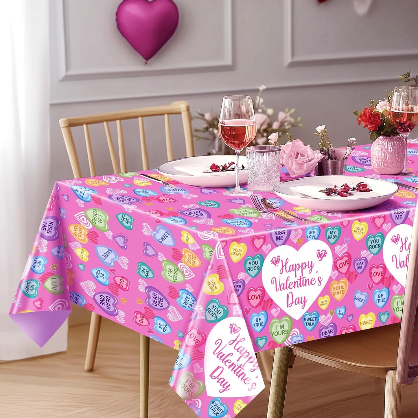 Set of 4 Disposable Waterproof Tablecloths, 54x108 inches, Featuring Love Hearts and Text for Galentine's Day, Weddings, Anniversaries, Engagements, and Celebrations