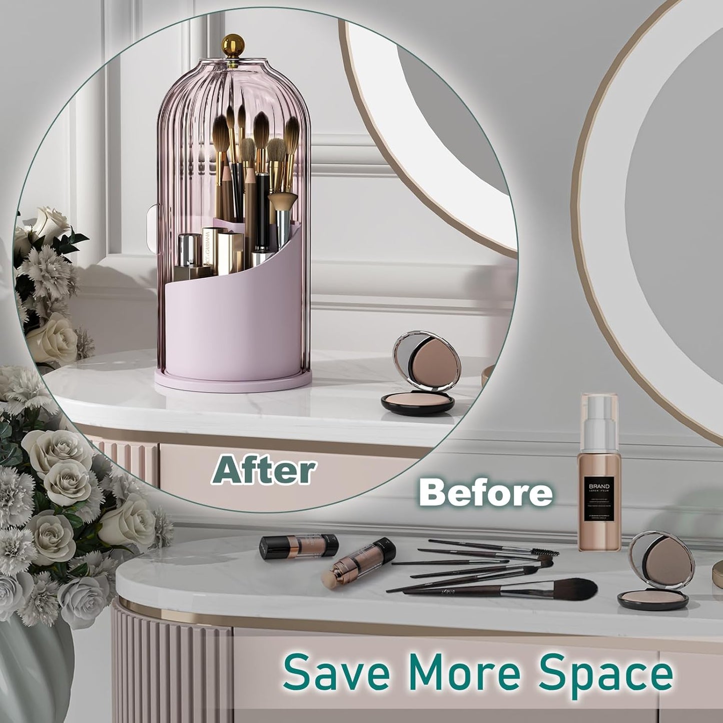 Makeup Brush Holder with Lid Cosmetic Tools Organizer 360 Rotating Waterproof Dustproof Beauty Brushes Storage for Vanity, Pink-Purple