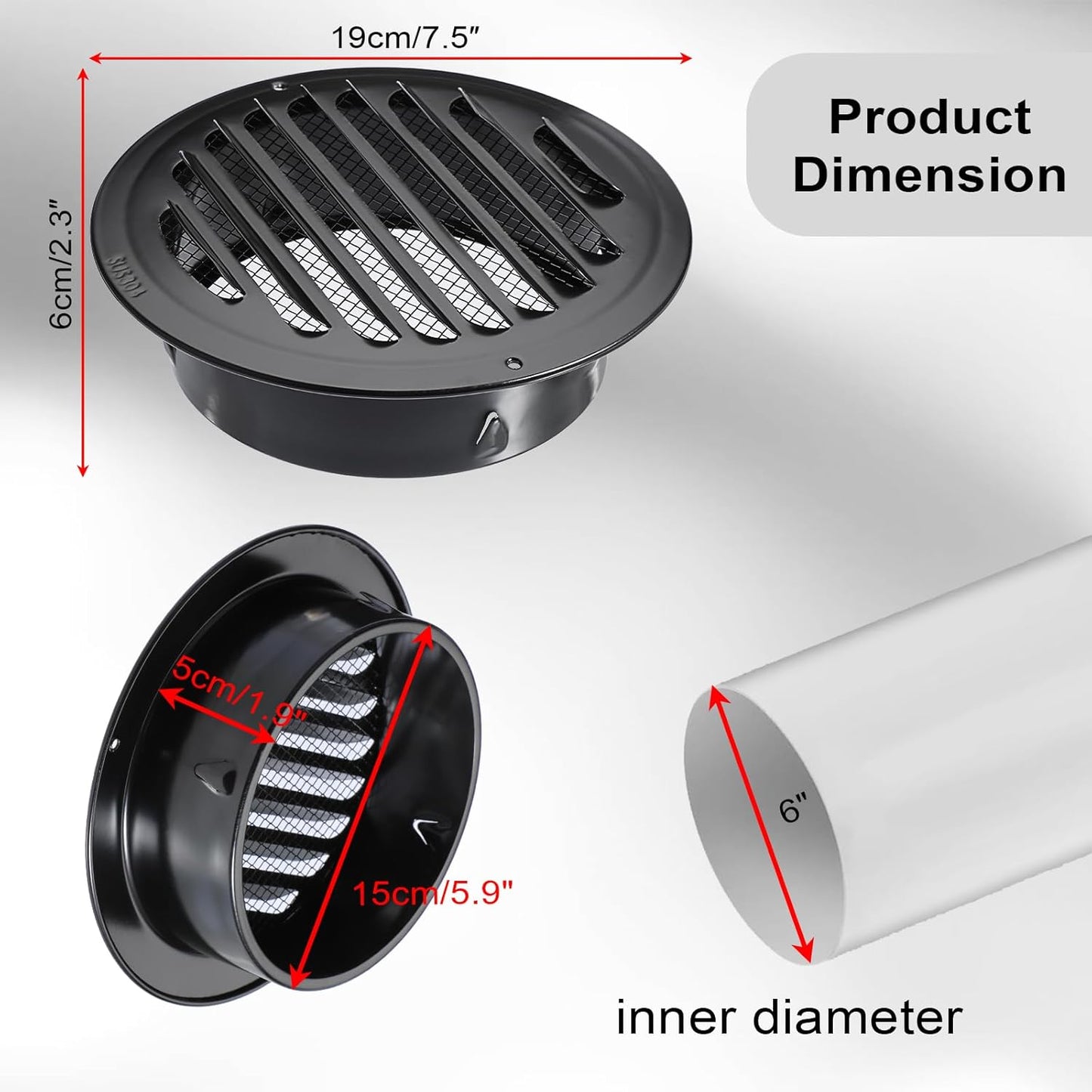 6-Inch Round Black Stainless Steel Air Vent Cover with Built-In Fine Mesh for Kitchen, Bathroom, Garage, Office, and Warehouse Ventilation