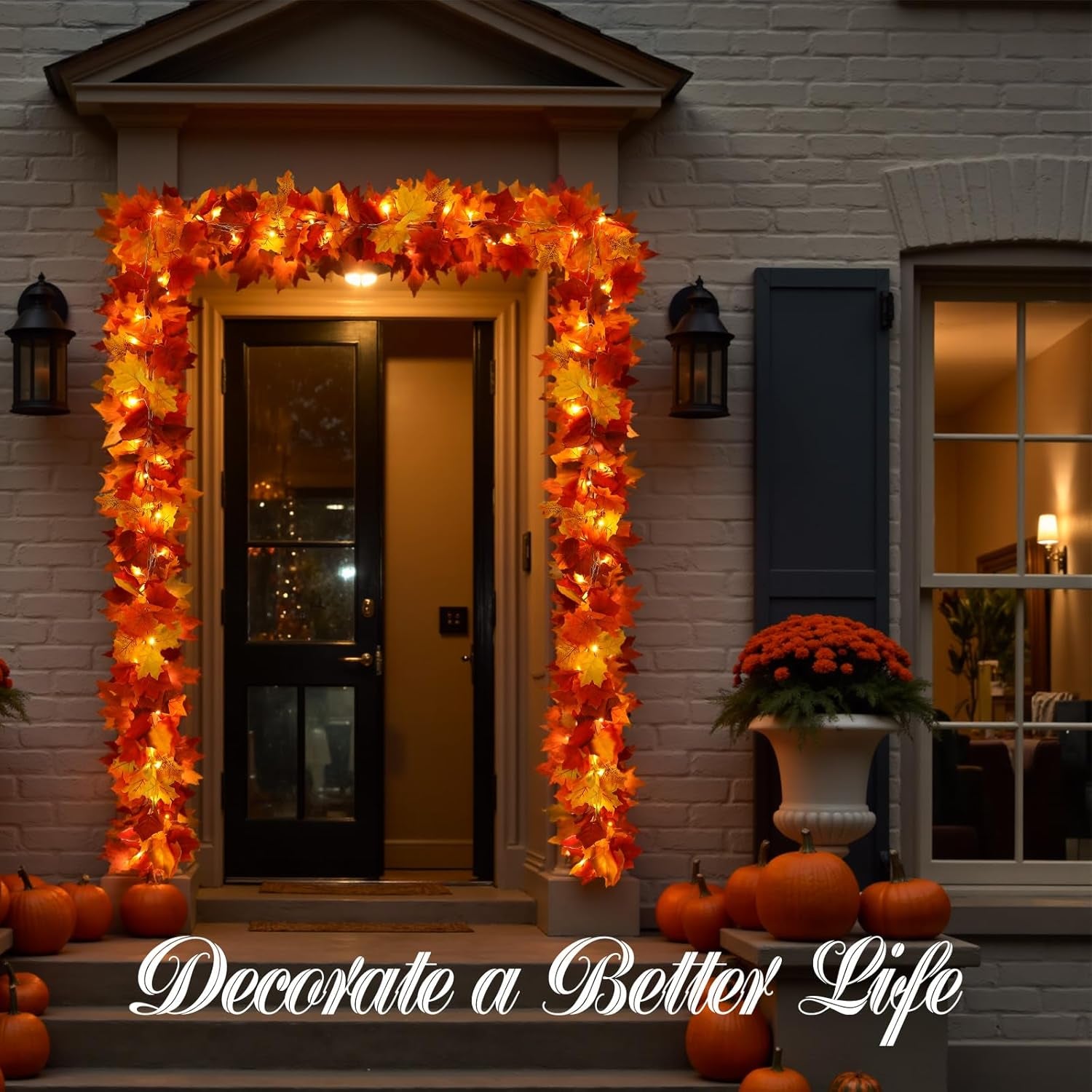 2 Pack Fall Garland with Lights, Fall Leaves for Mantle, Outdoor Lighted up Leaf Garland Autumn Decor with 6.5FT LED String Lights, Hanging Maple Leaves for Door, Thanksgiving Decor