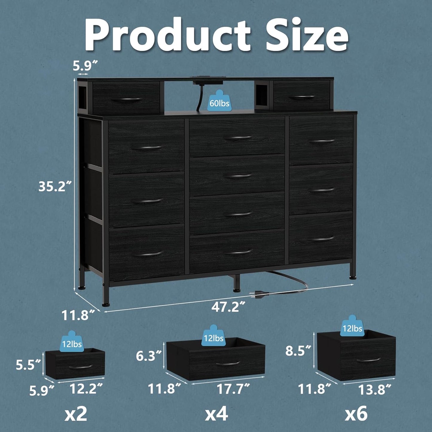 Elegant Black Bedroom Dresser with LED Lighting and Integrated Charging Station, 47"W Closet Chest with 12 Storage Drawers, Versatile TV Stand and Hallway Furniture, Featuring a 2-Tier Wooden Top and Sturdy Metal Frame