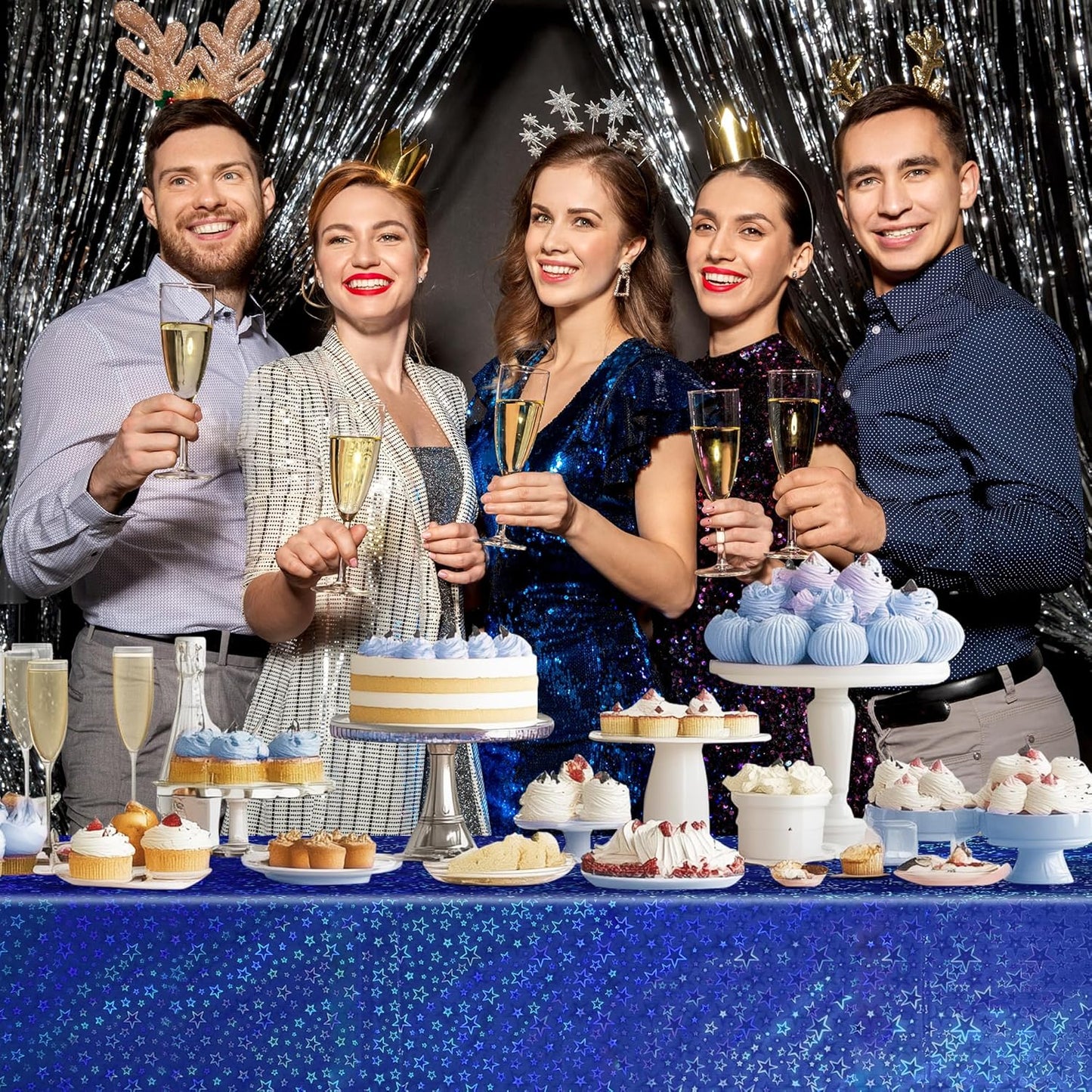 Set of 2 Royal Blue Holographic Laser Tablecloths with Sparkling Star Design, 54 x 72 Disposable Shiny Table Covers for Birthday Parties, Weddings, Anniversaries, and Bachelorette Celebrations