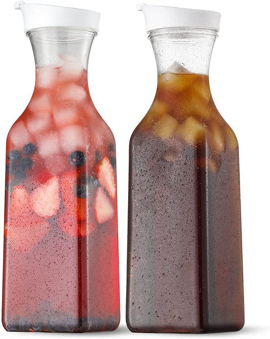 Plastic 50 Oz Water Carafe with Flip Top Lid, Set of 2 Square Base Juice Containers, Clear Plastic Pitcher - for Water, Iced Tea, Juice, Beverage, Cold Brew and Mimosa Bar - HAND WASH ONLY