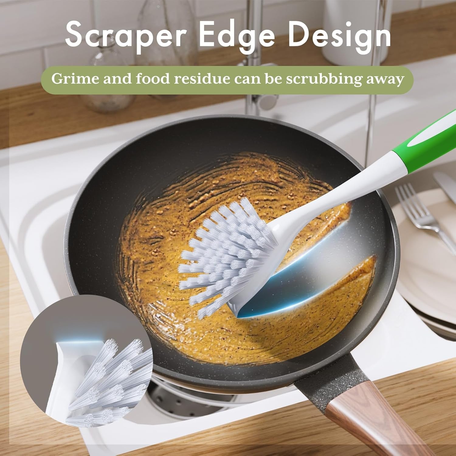 Dish Brush with Handle, 2 Pack Kitchen Scrub Brushes for Cleaning, Dish Scrubber with Stiff Bristles for Sink, Pots, Pans