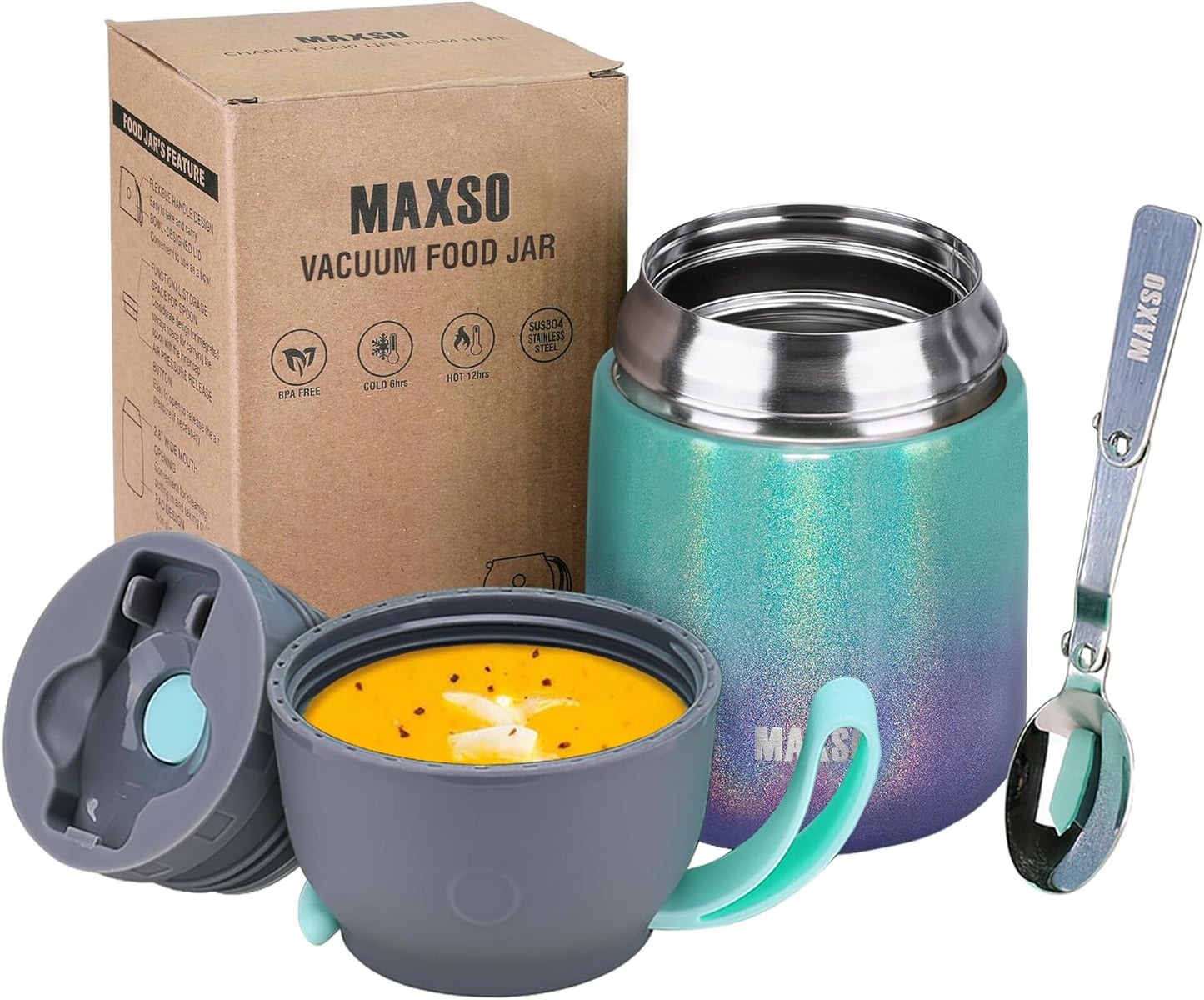 Insulated Thermo Soup Jar for Kids & Adults, 17 Oz Stainless Steel Thermal Food Container with Spoon, Triple Layer Insulation (Rainbow)