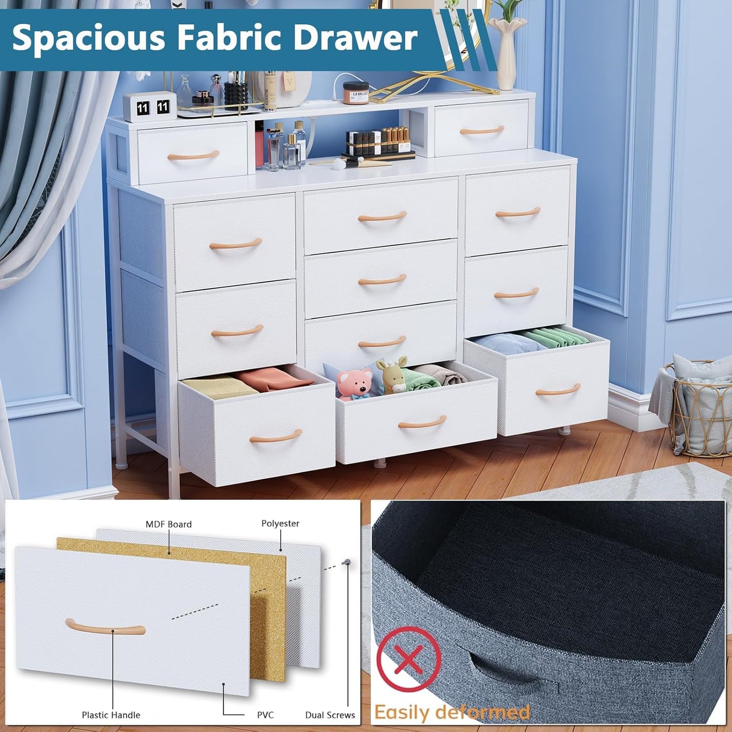 White Bedroom Dresser with LED Lighting and Charging Station, 47" Wide Chest Featuring 12 Fabric Storage Drawers, Versatile Vanity Furniture for Closet and Entryway, Includes 2 Shelves and Metal Frame