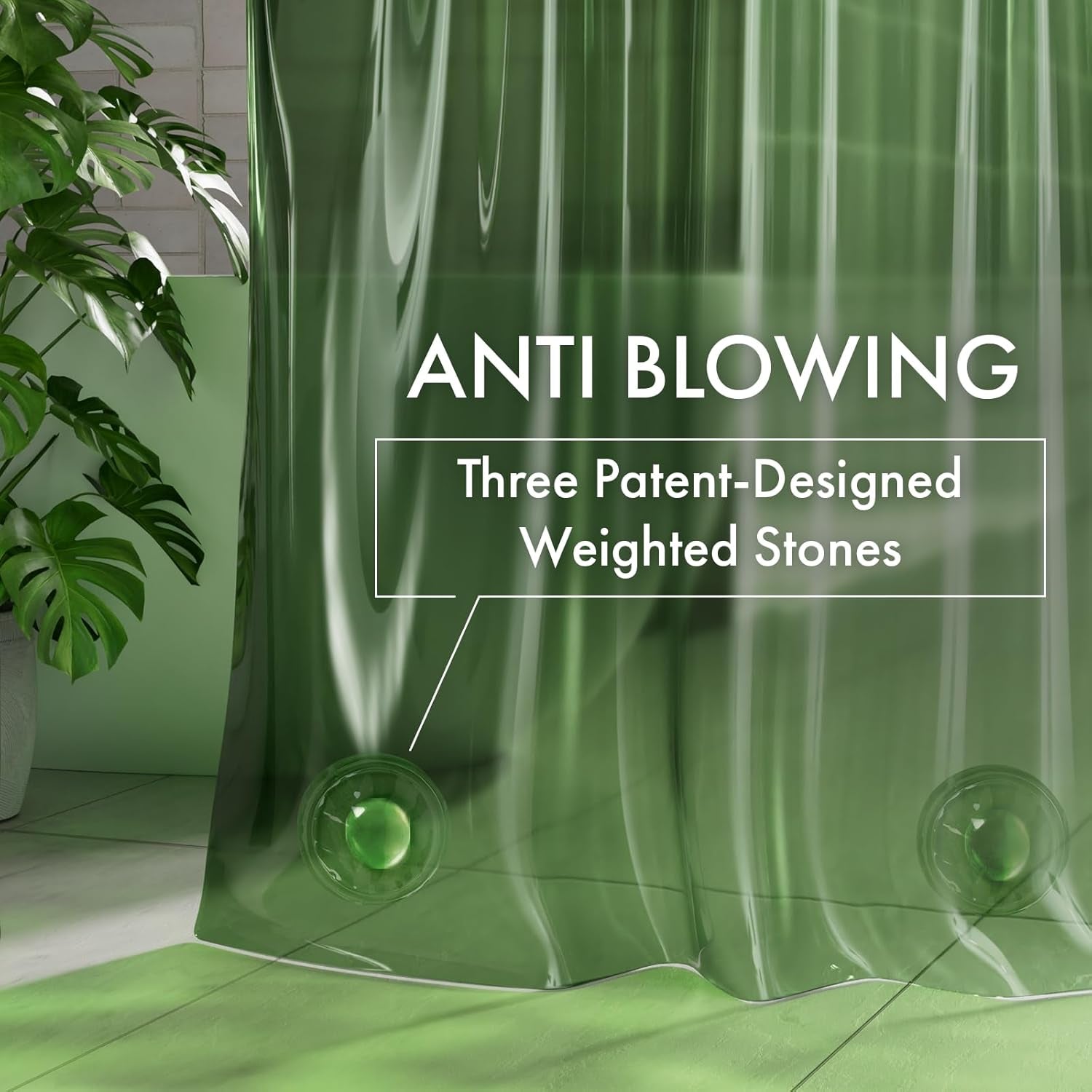 No Hook Shower Curtain Liner, 100% EVA Heavy Duty Hookless Shower Curtain and Liner 3-In-1, 72X75 Luxury Soft Shower Liner with 3 Heavyweight Stones, Clear Green