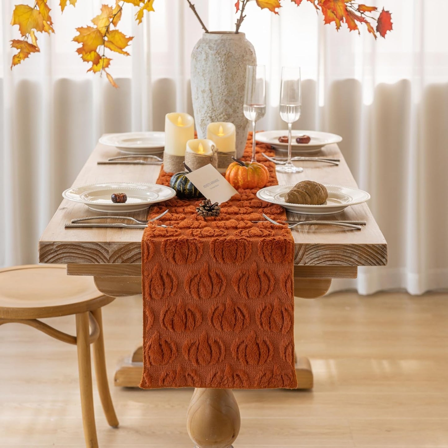 Fall Table Runner Rust Terracotta Soft Plush Faux Fur Velvet Pumpkin Autumn Harvest Cloth Dining Centerpiece Decor for Home Kitchen Decoration 13 X 48 Inch