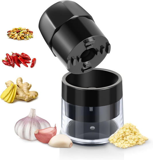 Garlic Crusher Press, Easy Twist Garlic Mincer Grinder for Fast Crushing & Chopping, Bpa-Free, Dishwasher Safe, Versatile Kitchen Tool Also for Ginger, Herbs, Nuts, and More, Black