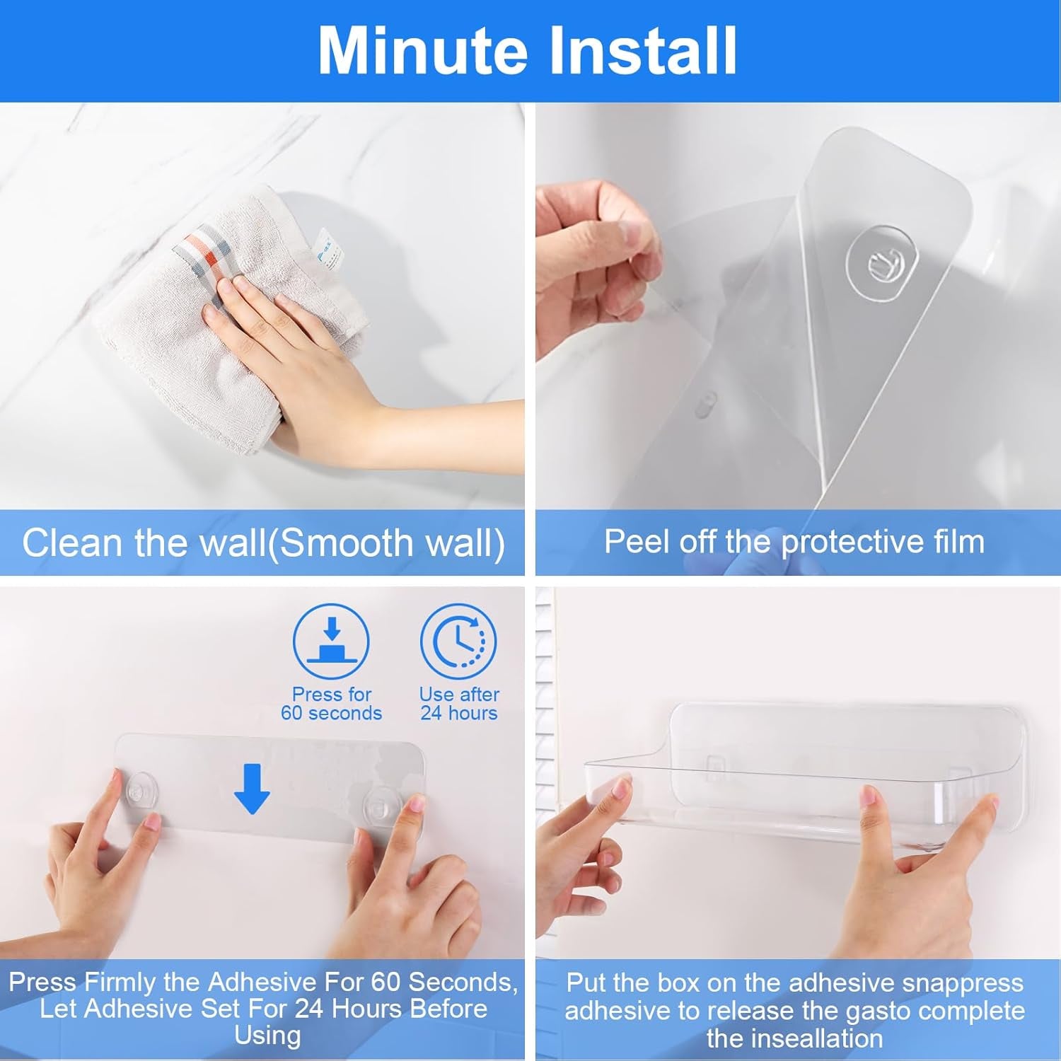 2Pc Acrylic Wall Mount Organizer, Adhesive Shelf, Bathroom Shelves for Wall, Self Adhesive Organizer, Shower Caddies, No Drilling Hang Wall,With 3Pack Tapes, for Bathroom, Kitchen, Living Room