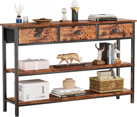 Long 47" Console Sofa Table with 3 Drawers, Entryway Table with 3-Tier Storage Shelves, Industrial Display Shelf for Entry Way, Hallway, Couch, Living Room, Kitchen, Foyer, Rustic Brown