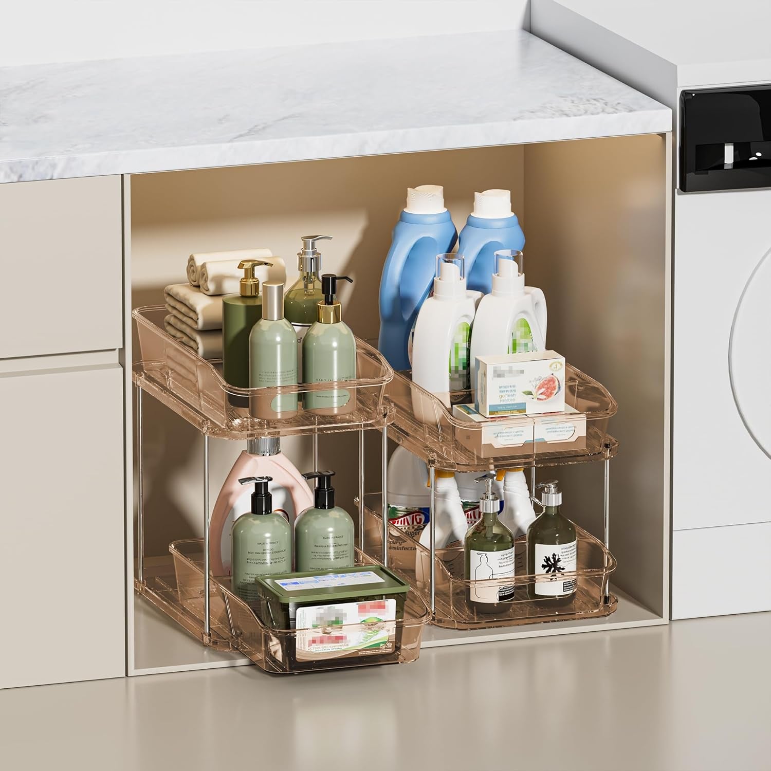 2 Sets of 2-Tier Clear under Sink Organizers and Storage, Multi-Purpose Stackable Bathroom Cabinet Organizers, Amber