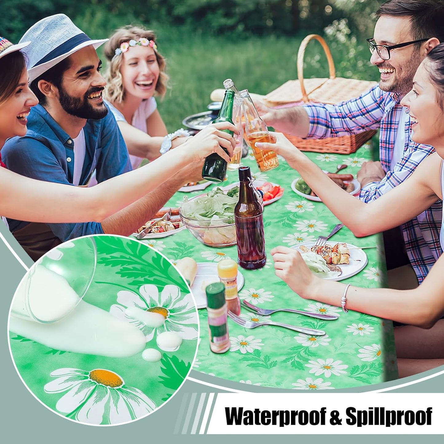 Rectangle Waterproof Vinyl Table Cloth, Wipeable Tablecloth with Flannel Backing, Plastic Table Cover for Dinner, Picnic, Indoor and Outdoor (Green Daisy, 60" X 84")