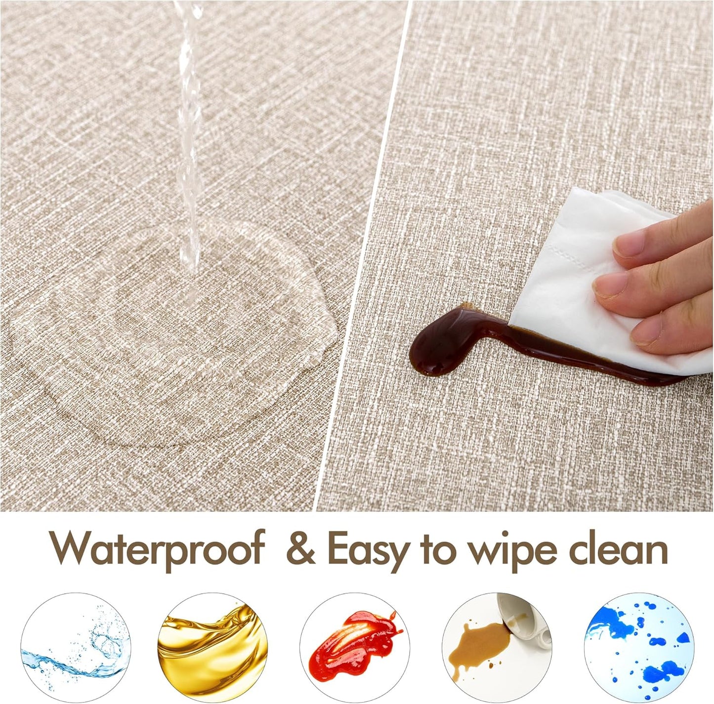 2-Pack Faux Linen Round Table Covers with Flannel Backing, Waterproof Vinyl Fitted Elastic Tablecloths for Picnics, Parties, and Indoor Dining (Fits 45"-56" Round Tables)