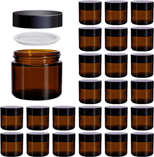 2 Oz Amber Glass Jars with Lids,24 Pack 2Oz Small Glass Jars with Inner Liners and Black Lids,Travel Jars for Cosmetics Container,Cream Lotion,Body Scrub, Lotion