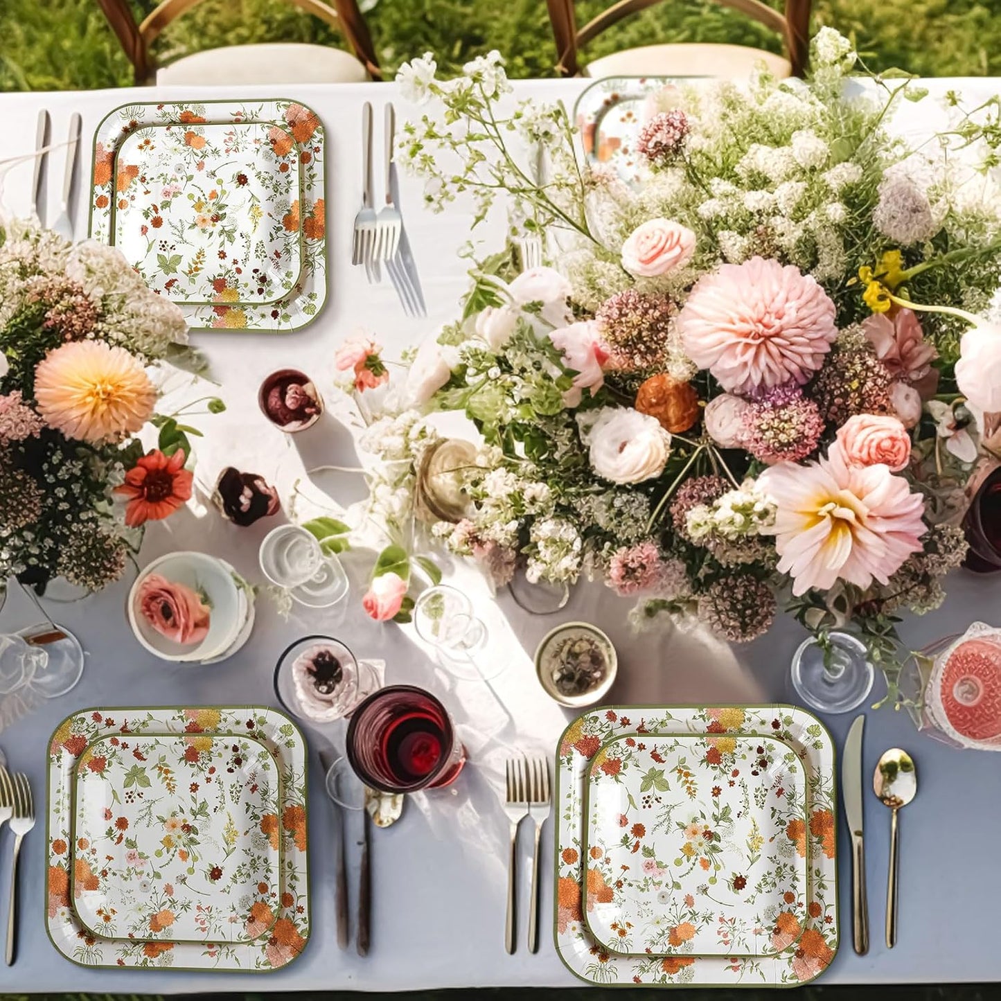 100-Piece Floral Disposable Paper Plate Set - 9'' Dinner Plates and 7'' Square Dessert Plates for Weddings, Birthdays, Baby Showers, and Parties (Green, Pastel Wildflower)