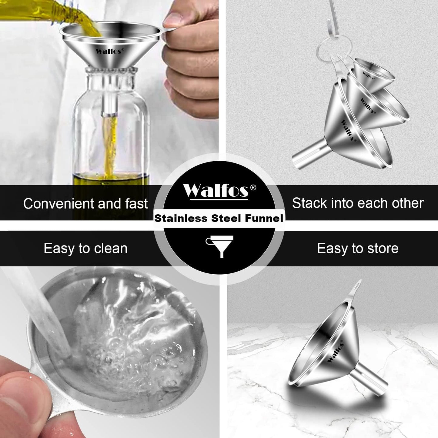Mini Stainless Steel Funnels, Multi-Use Small Kitchen Funnel Set, for Transferring Liquid, Fluid, Essential Oils, Powder,Tiny Spices,Long-Lasting and Dishwasher Safe (3 In、2.2 In、1.7In)