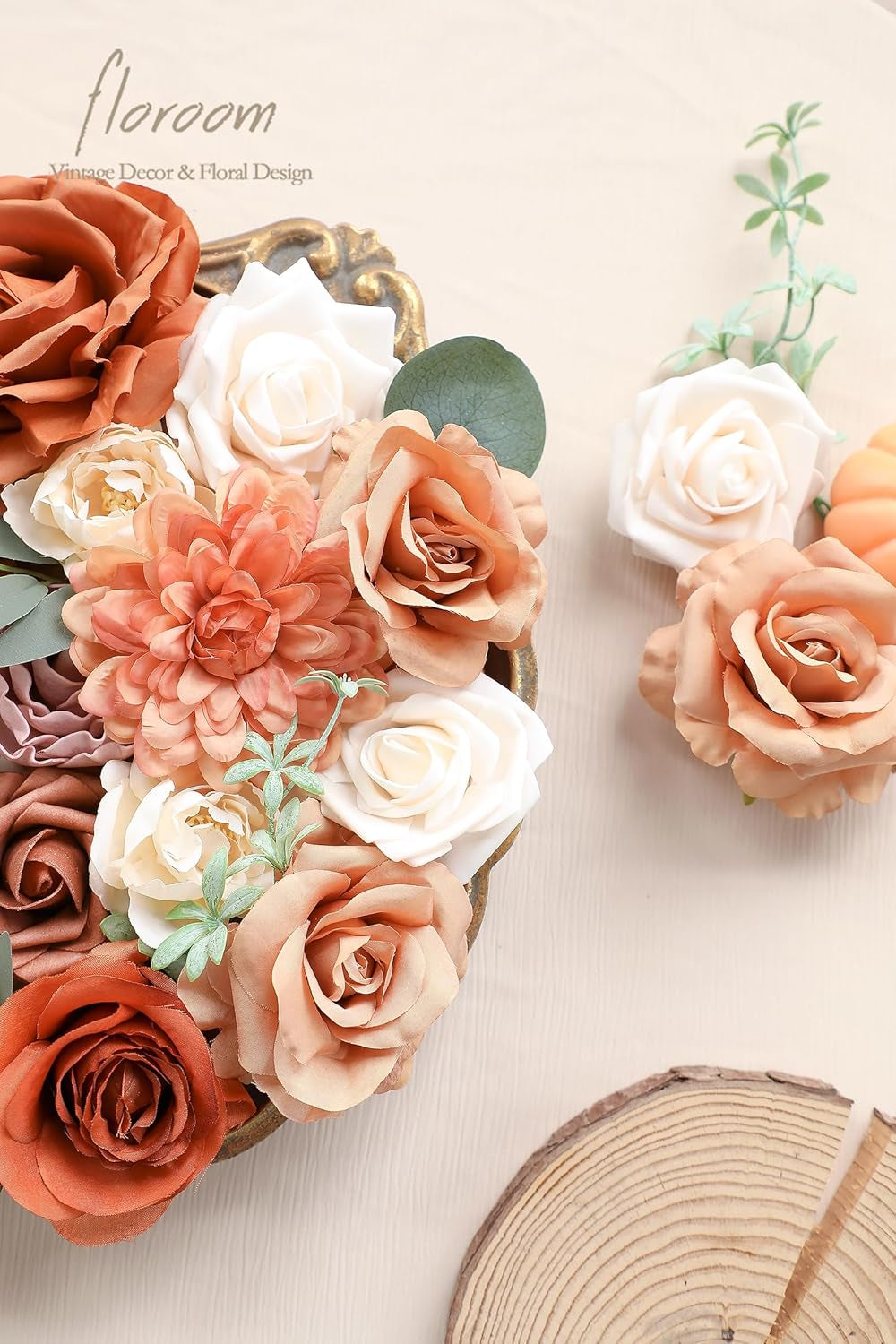 Terracotta Artificial Floral Arrangement Set with Burnt Orange Roses, Peonies, and Dahlias for DIY Wedding Bouquets, Bridal Showers, Centerpieces, and Home Decor