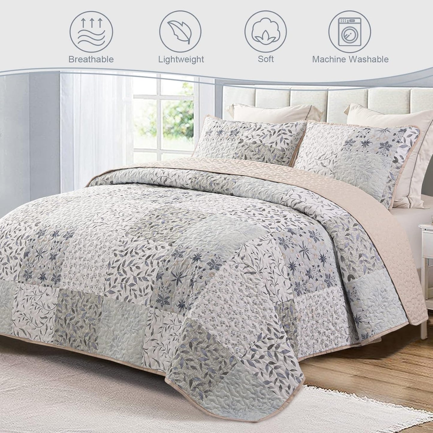 Queen Size Reversible Boho Quilt Set, 3-Piece Patchwork Gray All-Season Bedspread, Ultra-Soft Floral Coverlet with Printed Pattern (Includes 1 Quilt and 2 Pillow Shams)