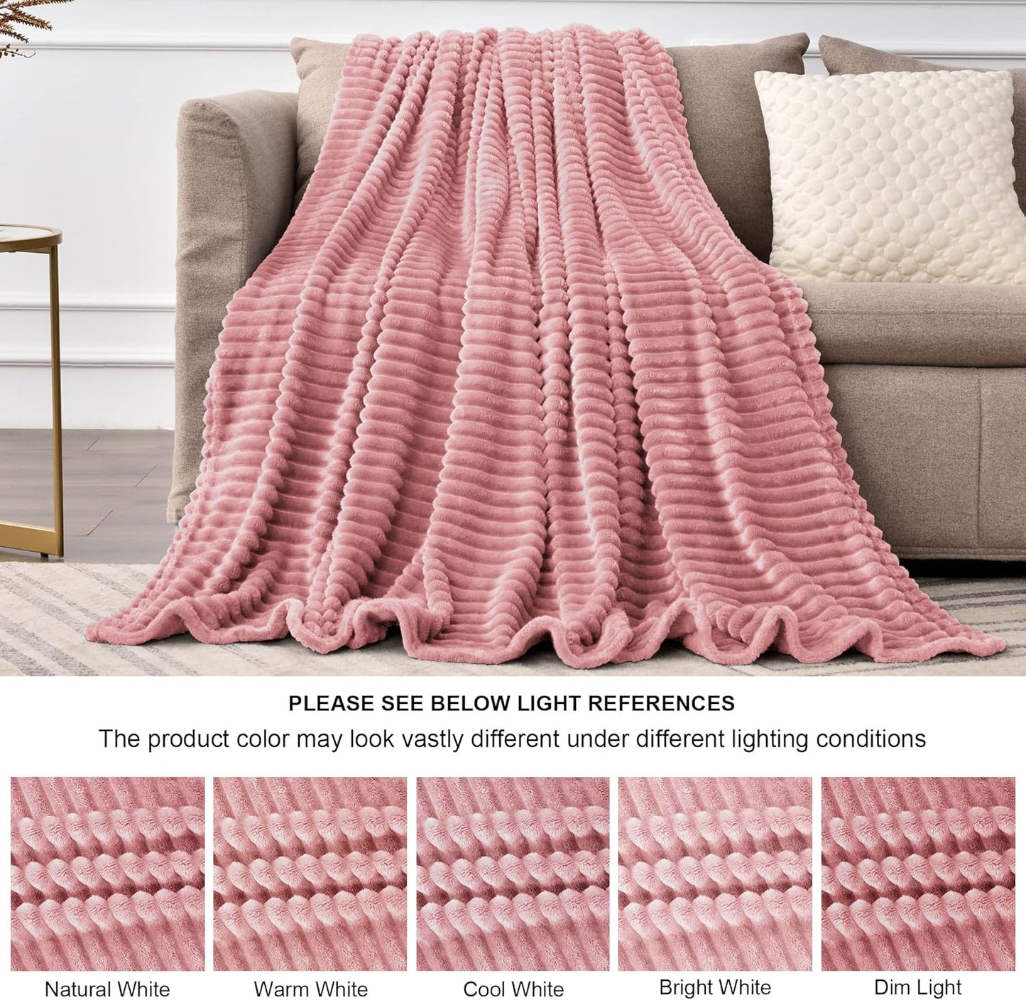 Fleece Throw Blanket for Couch – 3D Ribbed Jacquard Soft and Warm Decorative Fuzzy Blanket – Cozy, Fluffy, Plush Lightweight Pink Throw Blankets for Bed, Sofa, 50X60 Inches